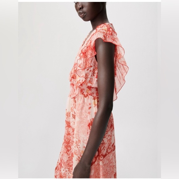 Zara Floral Red Patchwork Sheer Midi Sleeveless Dress M - Picture 4 of 16